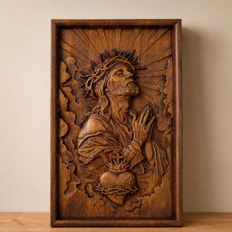 Close-up of hand-carved beech wood Sacred Heart of Jesus relief detail