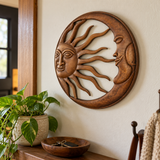 Hand-Carved Sun and Moon Wooden Wall Decor – Gold & Rustic Brown Celestial Wall Hanging