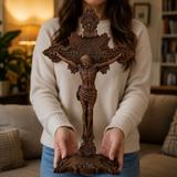 Wood carving of the Cross of the Order of Saint Benedict - with base