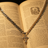 Cuban Chain Panel Pearl Cross Necklace