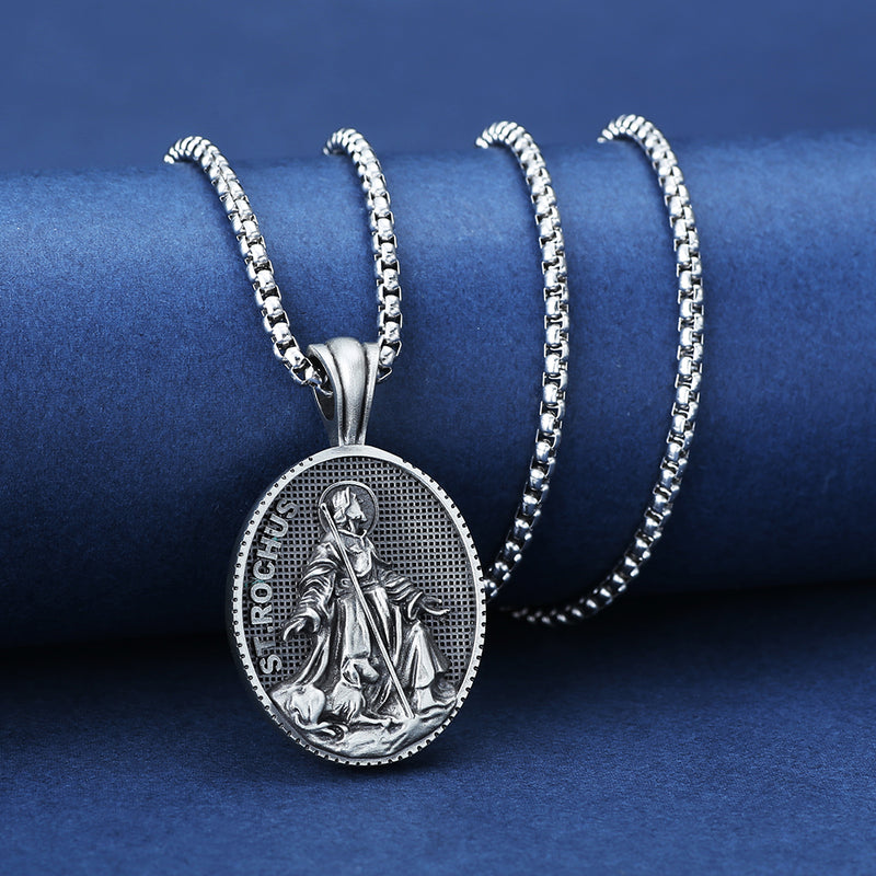 Pure Tin St. Rochus Medallion Necklace，The patron saint of dogs, plagues,bachelors, sick cows, the disabled,  surgeons,pilgrims,   falsely accused people,pharmacists.