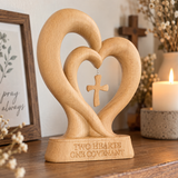 Handcrafted Beechwood Two Hearts One Covenant Cross Sculpture – Christian Wedding & Anniversary Gift