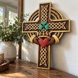 Hand-Carved Beechwood Celtic Claddagh Wall Cross – Irish Christian Faith Home Décor