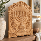 Hand-Carved Beech Wood Menorah & Olive Tree Plaque – Jewish Faith Home Décor