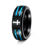 Black Polished Blue Opal Inlay Laser Engraved Cross Stainless Steel Ring