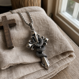 S925 Silver Serpent Cross Pendant Necklace with Green Gemstone