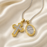 Gold-Tone Copper Zircon Cross & Miraculous Medal Double Pendant Necklace – Christian Faith Jewelry