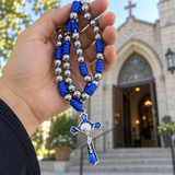 t. Benedict Blue Enamel Rosary with Crucifix – Silver-Tone Beads & Braided Cord