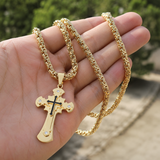 Heavy‑Duty Gothic CZ Inlay Cross Byzantine Chain Pendant Necklace