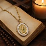 Oval Baguette Cubic Zirconia Saint Jude Medal Necklace, Gold Plated Brass St. Jude Pendant Religious Jewelry