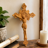 Wood carving of the Cross of the Order of Saint Benedict - with base