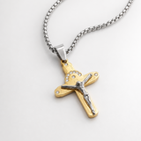 Crucifix Cross Necklace with Crystals, 316L Stainless Steel Religious Pendant for Men