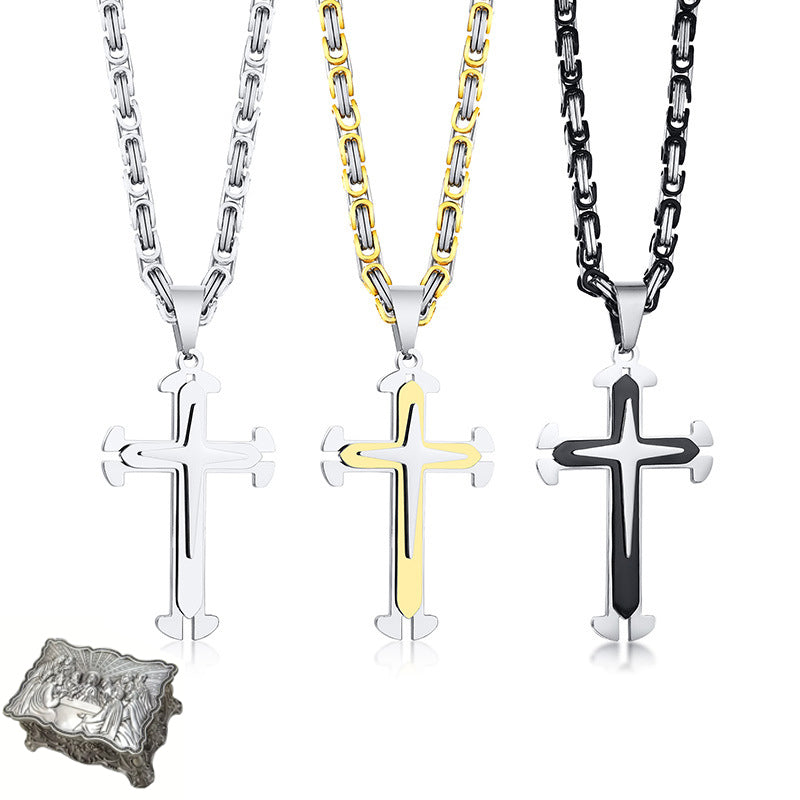 Stainless Steel Cross Byzantine Chain Pendant Necklace
