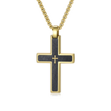 Two-Tone Bevel Edge Carbon Fiber Textured Inlaid Tiny Cross Stainless Steel Necklace