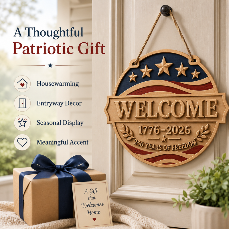 Patriotic beech wood welcome sign as a meaningful gift for American homes