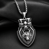 Vintage Shield Wolf & Eagle Stainless Steel Necklace, 3D Embossed Totem Pendant Box Chain for Men