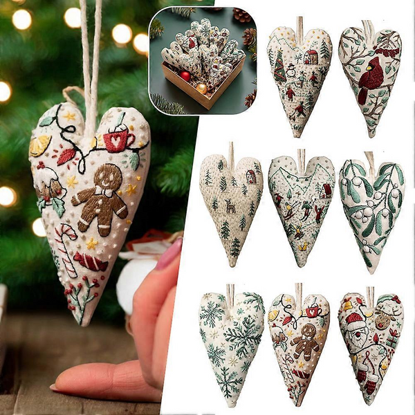 Hand-Embroidered Christmas Heart Ornaments - Reindeer/Gingerbread Man Design for Christmas Tree