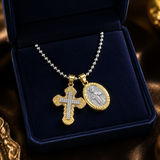 Gold-Tone Copper Zircon Cross & Miraculous Medal Double Pendant Necklace – Christian Faith Jewelry