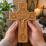 Hand-Carved Beechwood Saint Benedict Protection Crucifix – Christian Wall Cross