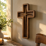 Hand-Carved Star of Bethlehem Wooden Cross – Christian Wall Decor & Faith Gift
