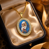 Iced Oval Praying Virgin Mary Portrait Pendant Necklace, 316L Stainless Steel Gold Plated Our Lady Medal Necklace With Rope Chain Religious Jewelry