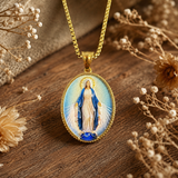 3D Raised Enamel Miraculous Virgin Mary Oval Gold Stainless Steel Necklace