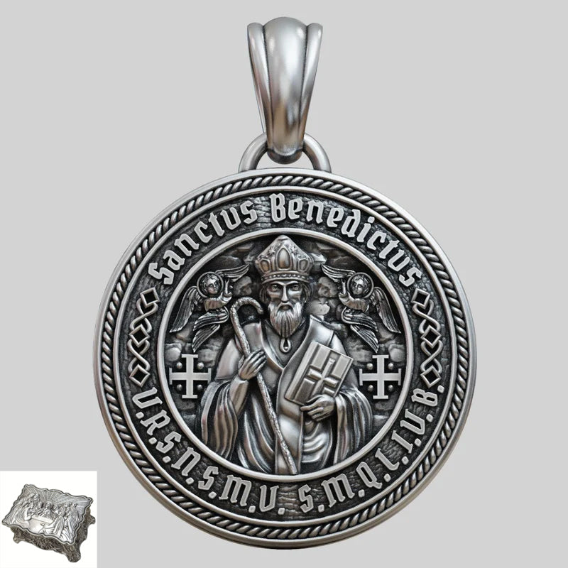 St. Benedict S925K Silver Double-Sided Engraved Amulet Pendant
