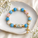 Chalcedony Cross Beaded Bracelet, Vintage Religious Printed Tube Bead Faith Jewelry for Women