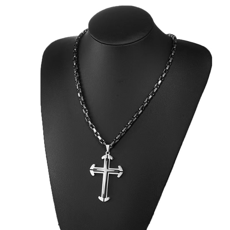 Stainless Steel Cross Byzantine Chain Pendant Necklace