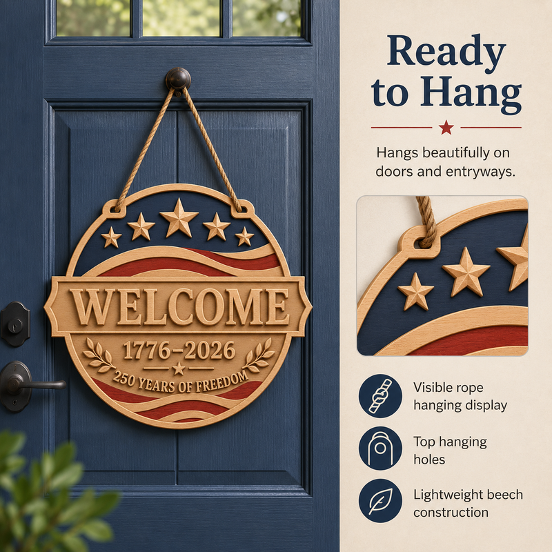 Ready to hang beech wood patriotic welcome sign with rope and top hanging holes