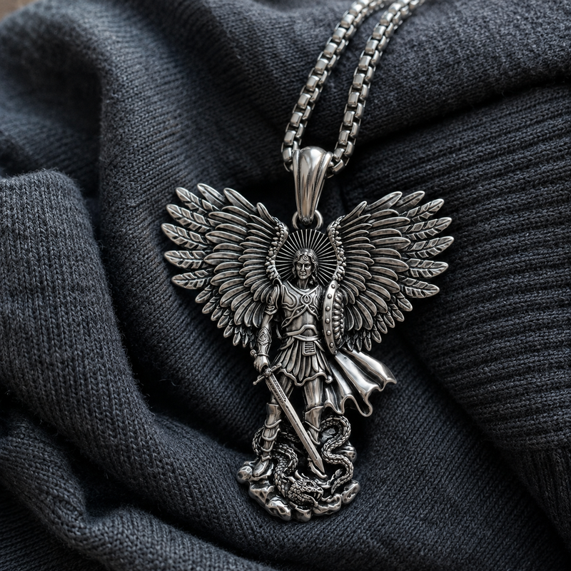 Saint Michael Archangel sterling silver pendant resting on dark fabric