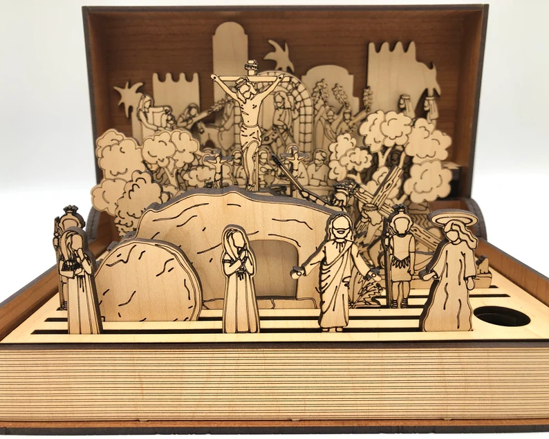 Crucifixion Scene Easter Wooden Book Gift