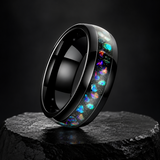Black Tungsten Ring with Crushed Opal Inlay, 8mm Galaxy Star Dome Band, Meteorite Texture Wedding Band, Unique Promise Ring Gift for Men & Women