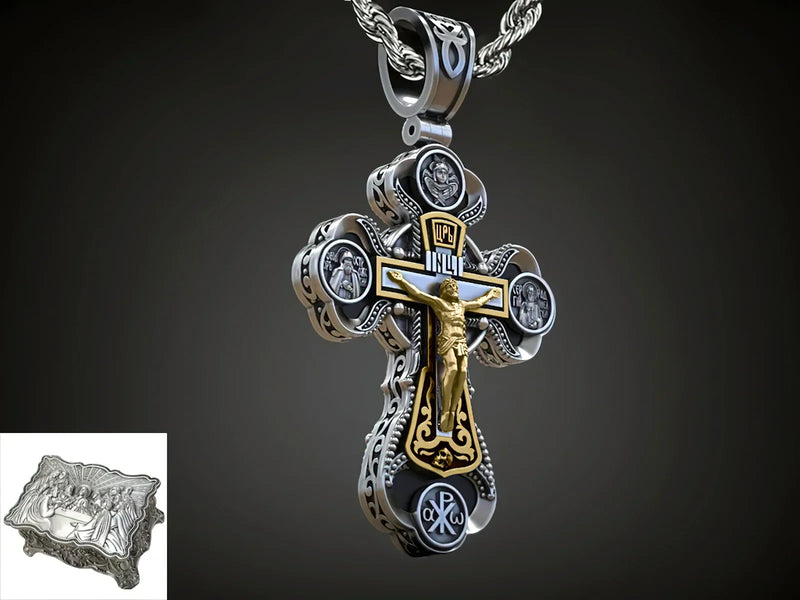 Jesus Virgin Mary Trinity Double Sided Engraved S925K Silver Cross Necklace - BGCOPPER