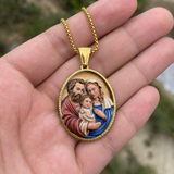3D Raised Enamel Holy Family Oval Gold Stainless Steel Necklace