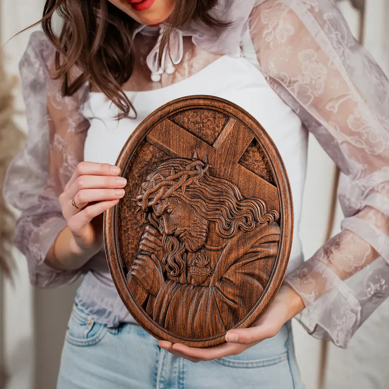 Jesus Crown of Thorns Jesus Inlaid Sacred Heart Crucifix Wooden Sculpture