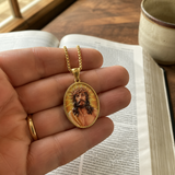 3D Embossed Enamel Crown of Thorns Jesus Oval Stainless Steel Necklace