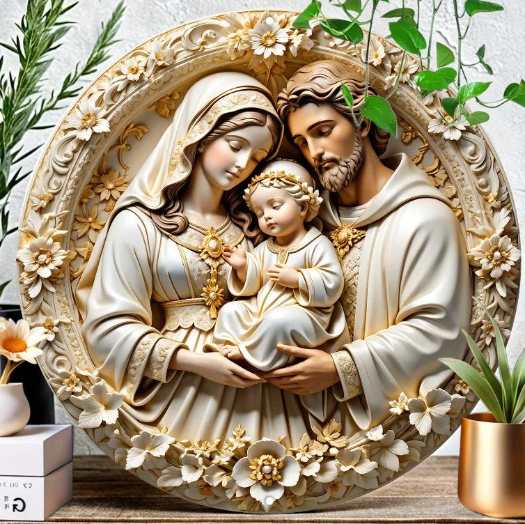 Christian Holy Family Relief Decorative Plaque - 8 Inch / 12 Inch Aluminum Waterproof Religious Wall Art (with Mounting Accessories)