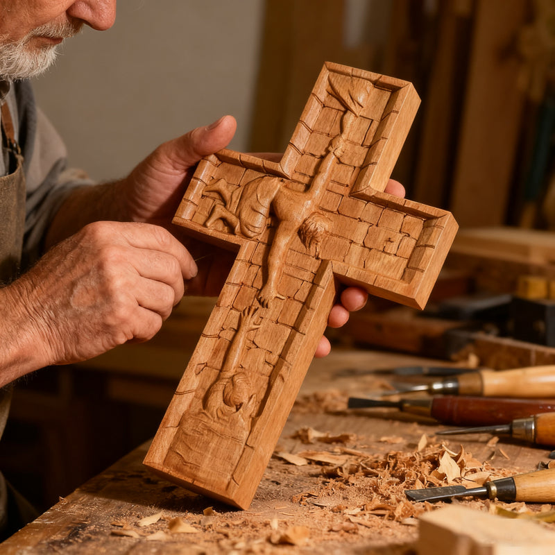 BGCOPPER Savior Jesus Cross - Carved from Natural Wood