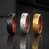 Hammered Titanium Steel Ring with Natural Wood Inner Liner, 6mm Vintage Domed Band, Rustic Wooden Inlay Wedding Promise Ring for Men & Women