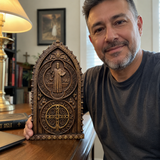 Hand-Carved Beechwood St. Benedict Medal Desktop Ornament