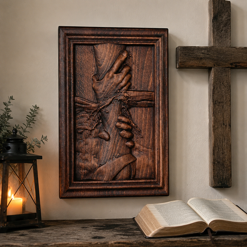 Hand of God Christian wood carving displayed in a prayer space