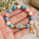 Chalcedony Cross Beaded Bracelet, Vintage Religious Printed Tube Bead Faith Jewelry for Women