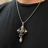 S925 Silver Serpent Cross Pendant Necklace with Green Gemstone