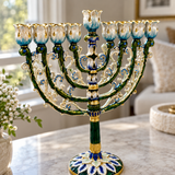 Vintage Floral Enamel Hanukkah Menorah – 9 Branch Candle Holder