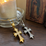 Full Inlaid CZ Gothic Fleur-de-lis Cross Stainless Steel Necklace