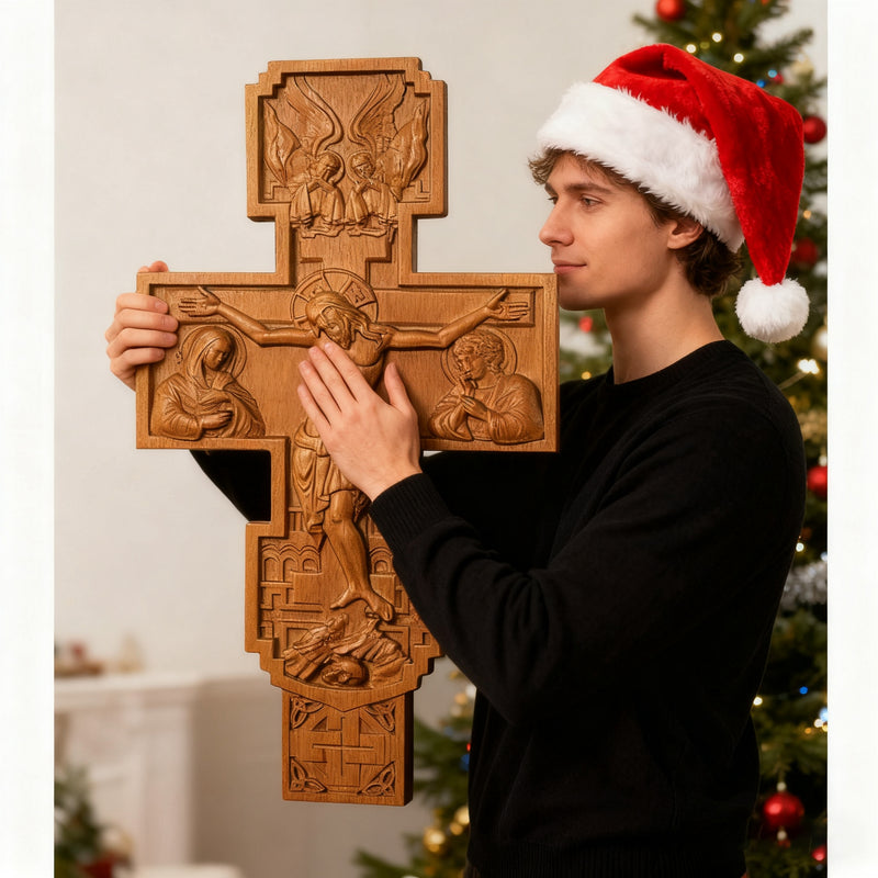 Hand-Carved Beechwood Religious Cross: A Sacred Artistic Testament to Christian Faith