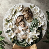Christian Holy Family Relief Decorative Plaque - 8 Inch / 12 Inch Aluminum Waterproof Religious Wall Art (with Mounting Accessories)