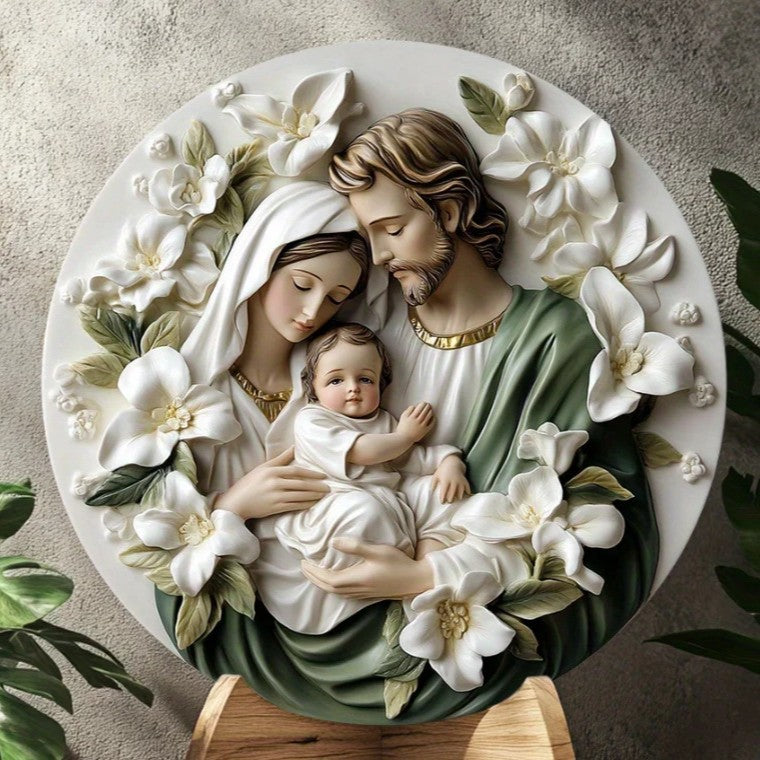 Christian Holy Family Relief Decorative Plaque - 8 Inch / 12 Inch Aluminum Waterproof Religious Wall Art (with Mounting Accessories)