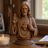 Hand-Carved Cypress Wood Sacred Heart of Jesus Statue – Christian Prayer & Home Devotional Decor